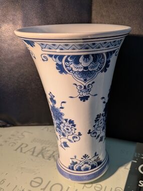 Delft Blue and White Floral Ceramic Vase - 8 Inches